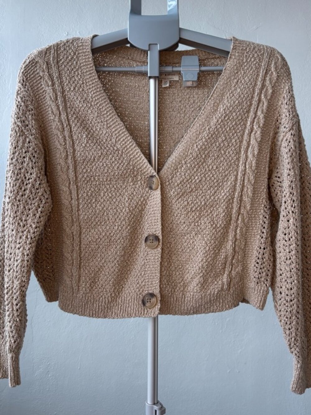 Lucky Brand Cropped Open Knit Cable Cardigan Sweater S Beige Boho